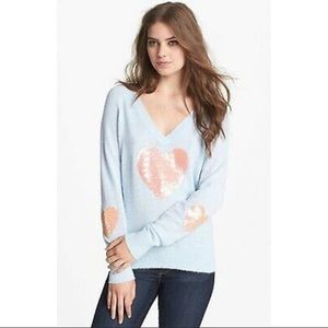 Wildfox Blue Pink Sequin Happy Heart V-Neck Pullover Sweater Sz medium